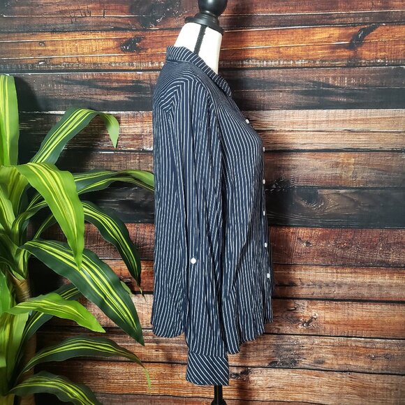 Tommy Hilfiger Large Top Blouse Navy Blue Striped Flowy Rayon Roll Tab Cuffs - Picture 3 of 9